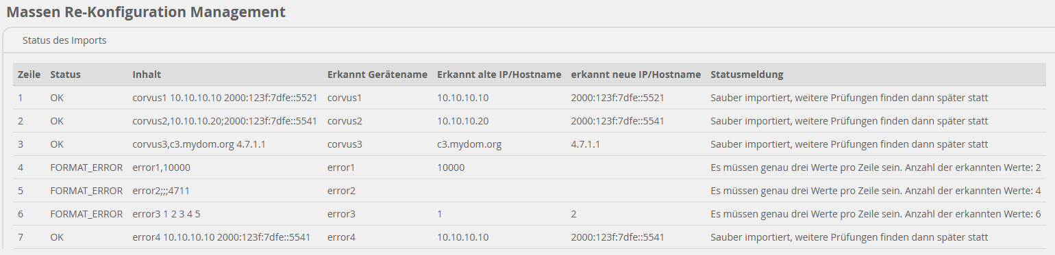 Beispiel eines Import-Status