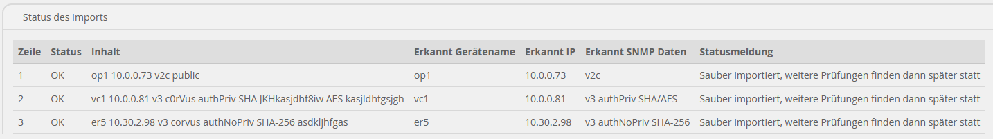 Beispiel eines Import-Status